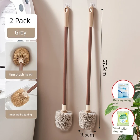Uzun Saplı Deliksiz Yumuşak Kıllı Tuvalet Fırçası - Gri 2'li Set (Tuvalet Pedi ve Temizleyici Hediyeli)