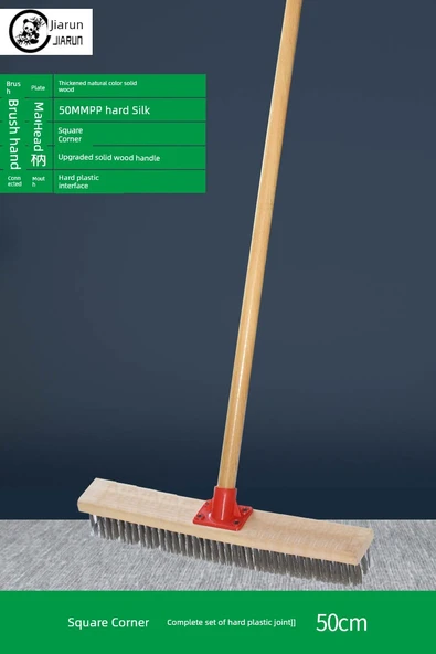 Paslanmaz Çelik Zemin Fırçası - 50cm Sert Plastik Bağlantı + Ahşap Saplı