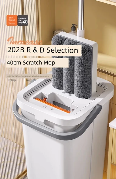 40cm Düz Paspas - 2 Bez, Yükseltilmiş Kova, Takviyeli Çubuk, 60 Temizlik Mendili - Resim 6