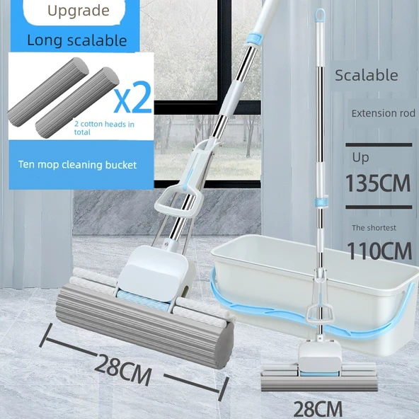 28cm Kalın Pamuk Başlıklı PVA Mop - 2 Pamuk Başlık/Geri Çekilebilir/Mop Kovası