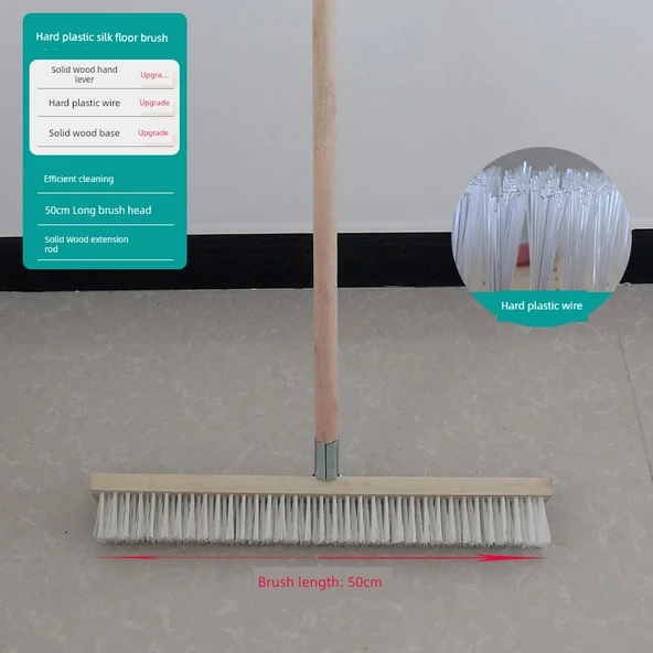 Uzun Saplı Yer Fırçası - 50cm Plastik Telli Fırça, Demir ve Ahşap Saplı