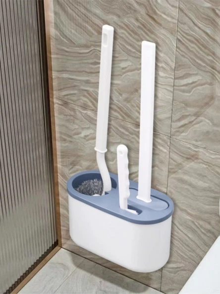 Duvara Monte Tuvalet Fırçası Seti - Gri Tuvalet Fırçası 3'lü Set +40 Adet 50g Kaliteli Mavi Köpük +2 Tuvalet Fırçası Yapıştırıcısı - 3