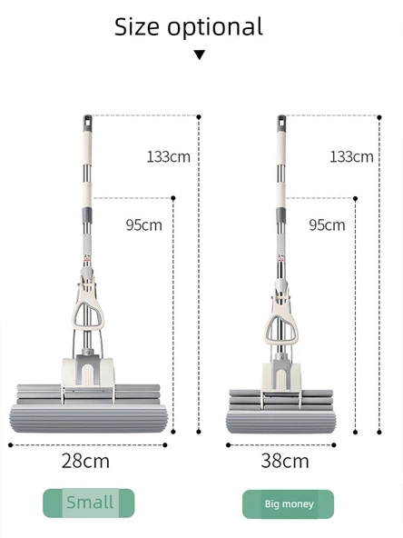Rulo Sıkmalı Sünger Paspas - Güçlendirilmiş Üç Sıralı, Tek Tuş Başlık Değişimi 28cm, 2 Başlık + Kovalar - 5
