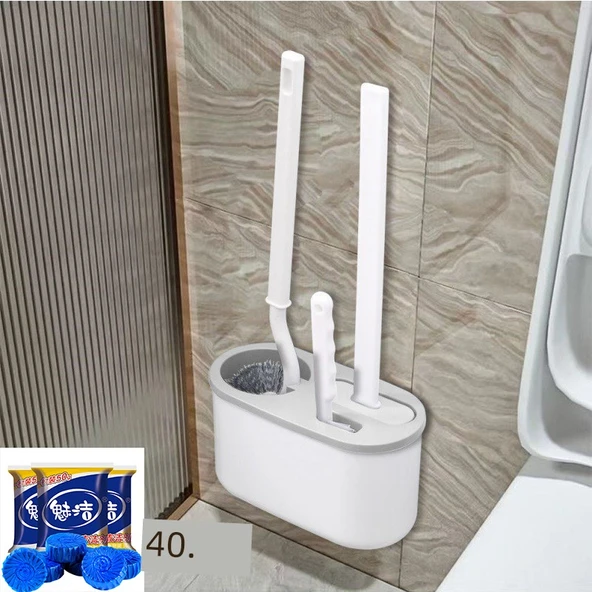 Duvara Monte Tuvalet Fırçası Seti - Gri Tuvalet Fırçası 3'lü Set +40 Adet 50g Kaliteli Mavi Köpük +2 Tuvalet Fırçası Yapıştırıcısı