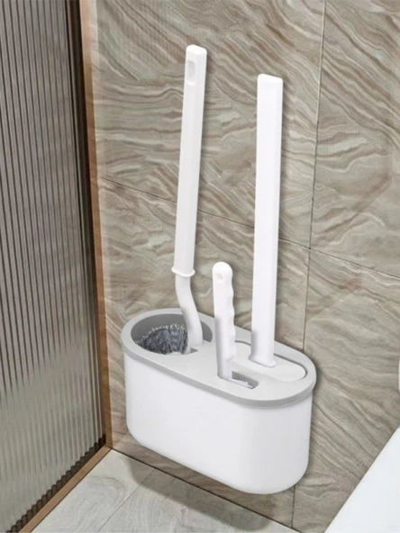 Duvara Monte Tuvalet Fırçası Seti - Gri Tuvalet Fırçası 3'lü Set +40 Adet 50g Kaliteli Mavi Köpük +2 Tuvalet Fırçası Yapıştırıcısı - 2