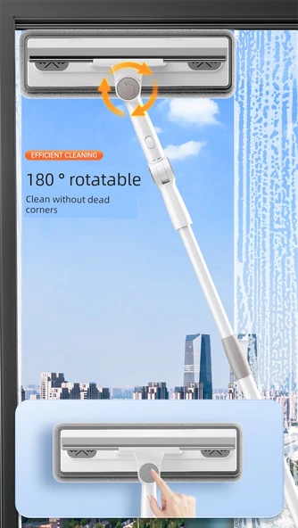 Çift Taraflı Cam Temizleme Aparatı 33cm + Duvar Klipsi + 4 Bez + Teleskopik Uzatma Çubuğu - 11