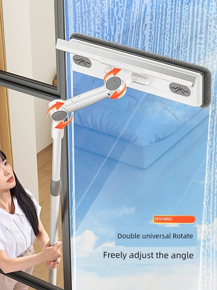 Çift Taraflı Cam Temizleme Aparatı 33cm + 2 Bez + Teleskopik Uzatma Çubuğu - 3