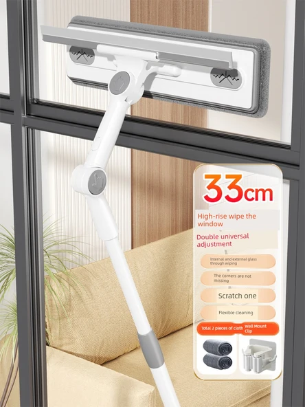 Çift Taraflı Cam Temizleme Aparatı 33cm + Duvar Klipsi + 2 Bez + Teleskopik Uzatma Çubuğu