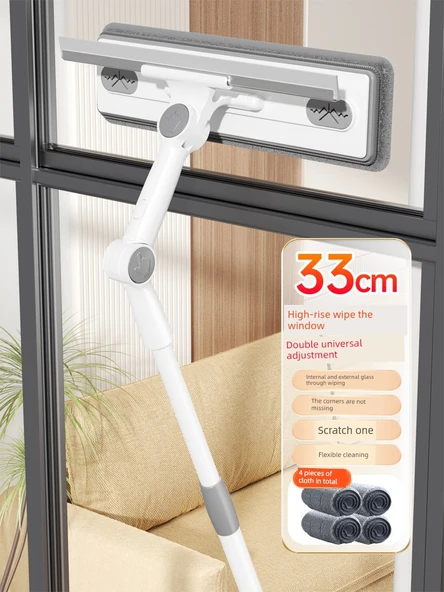 Çift Taraflı Cam Temizleme Aparatı 33cm + 4 Bez + Teleskopik Uzatma Çubuğu
