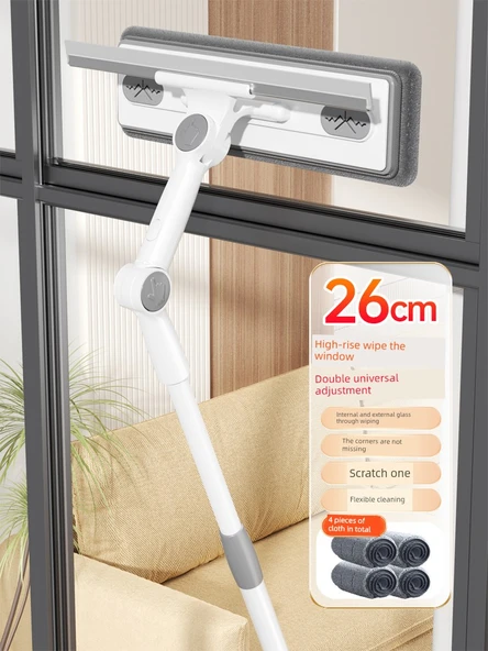 Çift Taraflı Cam Temizleme Aparatı 26cm + 4 Bez + Teleskopik Uzatma Çubuğu