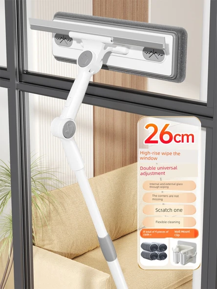Çift Taraflı Cam Temizleme Aparatı 26cm + Duvar Klipsi + 4 Bez + Teleskopik Uzatma Çubuğu
