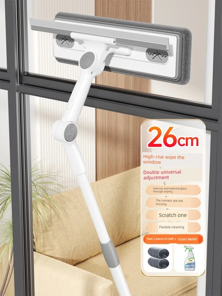 Çift Taraflı Cam Temizleme Aparatı 26cm + Cam Suyu + 2 Bez + Teleskopik Uzatma Çubuğu
