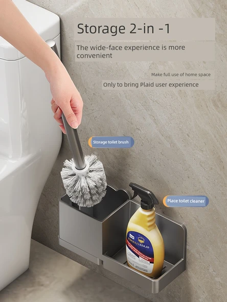 Duvara Monte Deliksiz Lüks Tuvalet Fırçası Seti - Şık Siyah - 2 Fırçalı ve Raflı - Resim 2