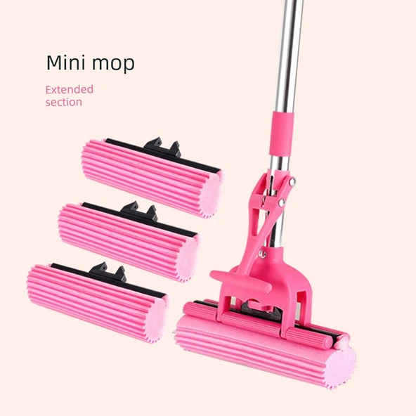 Mini Rulo Sünger Paspas Pembe Set 3 Başlıklı (Toplam 4 Başlıklı, Teleskopik)
