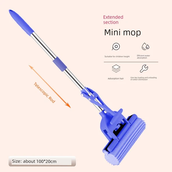 Mini Rulo Sünger Paspas Mavi Set (1 Başlıklı, Teleskopik)