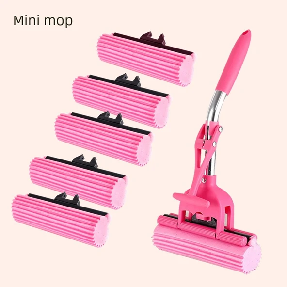 Mini Rulo Sünger Paspas Pembe Set +5 Başlık (Toplam 6 Başlıklı, Sabit)