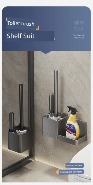 Duvara Monte Deliksiz Lüks Tuvalet Fırçası Seti - Şık Siyah - 2 Fırçalı ve Raflı - Resim 7