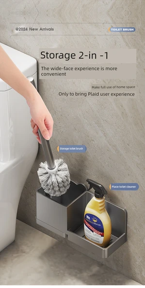 Duvara Monte Deliksiz Lüks Tuvalet Fırçası Seti - Şık Siyah - 2 Fırçalı ve Raflı - Resim 9