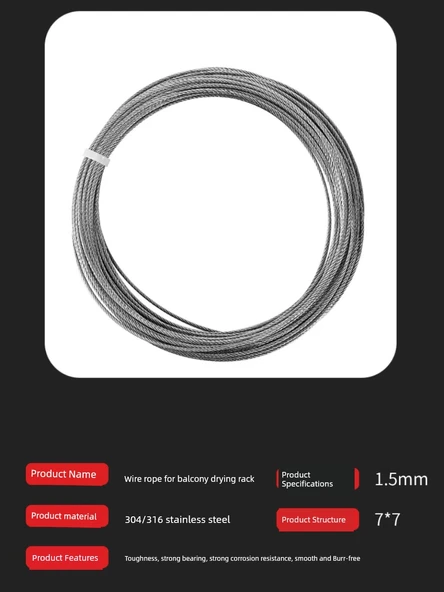 Çamaşır Kurutma Teli - 304 Çelik Tel 7.5 m * 2 (Çift Askı) - 3