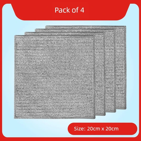 Çift Taraflı Nano Metal Telli Bulaşık Yıkama Bezi - [Çift Katmanlı Kalın] Büyük Boy 4'lü Paket