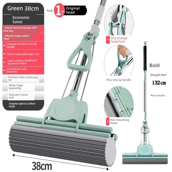 Sünger Paspas - Tek Tuşla Başlık Değişimi - Kalın Çubuk 38cm Çift Sıra 1 Başlıklı (Çay Yeşili)