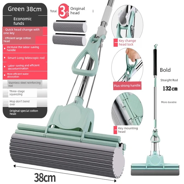 Sünger Paspas - Tek Tuşla Başlık Değişimi - Kalın Çubuk 38cm Çift Sıra 3 Başlıklı (Çay Yeşili)