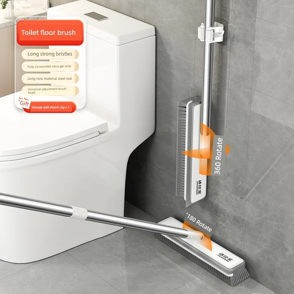 Paslanmaz Çelik Banyo Yer Fırçası - Uzun Üç Bölmeli - 360° Döner + Saklama Askısı