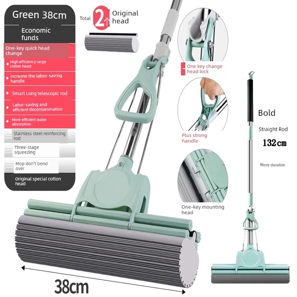 Sünger Paspas - Tek Tuşla Başlık Değişimi - Kalın Çubuk 38cm Çift Sıra 2 Başlıklı (Çay Yeşili)