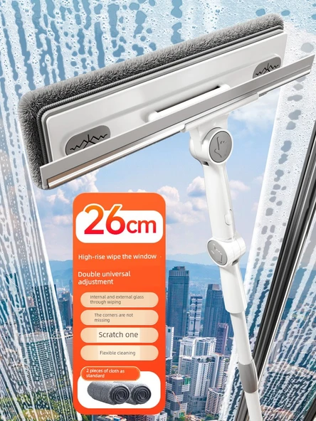 Teleskopik Cam Temizleyici - 1.5m Uzun Çubuk, 26cm Başlık, 2 Bez