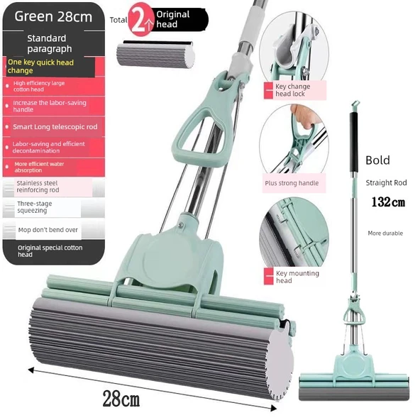 Sünger Paspas - Tek Tuşla Başlık Değişimi - Kalın Çubuk 28cm Çift Sıra 2 Başlıklı (Çay Yeşili)