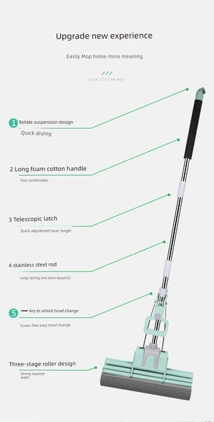 Sünger Paspas - Tek Tuşla Başlık Değişimi - 38cm Üç Sıra 1 Başlıklı (Çay Yeşili) - Resim 9