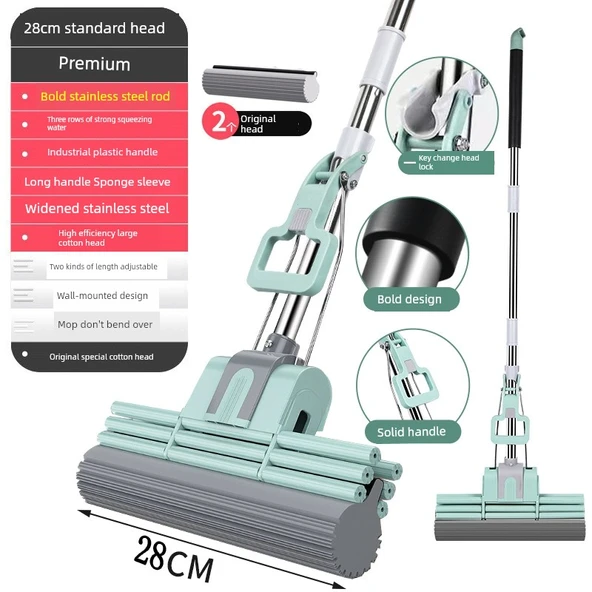 Sünger Paspas - Tek Tuşla Başlık Değişimi - 28cm Üç Sıra 2 Başlıklı (Çay Yeşili)