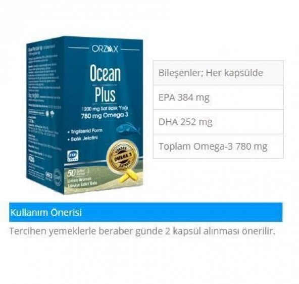 OCEAN Plus 1200 mg 50 Kapsül Saf Balık Yağı 2ADET SKT:10/2023