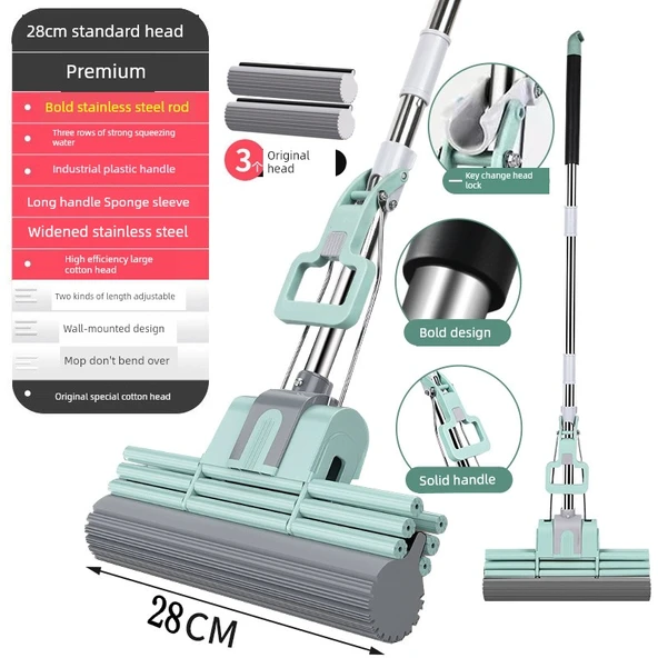 Sünger Paspas - Tek Tuşla Başlık Değişimi - 28cm Üç Sıra 3 Başlıklı (Çay Yeşili)