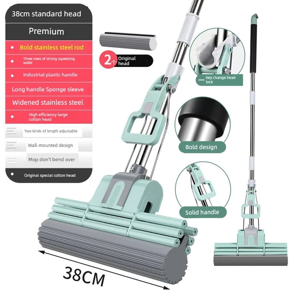 Sünger Paspas - Tek Tuşla Başlık Değişimi - 38cm Üç Sıra 2 Başlıklı (Çay Yeşili)