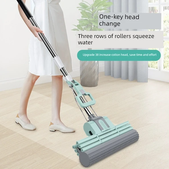 Sünger Paspas - Tek Tuşla Başlık Değişimi - 38cm Üç Sıra 1 Başlıklı (Çay Yeşili) - Resim 6