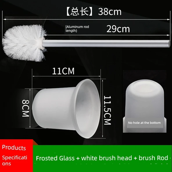 Yuvarlak Tuvalet Fırçası Yedek Başlığı - 29cm Alüminyum Çubuk + Beyaz Fırça + Deliksiz Buzlu Bardak
