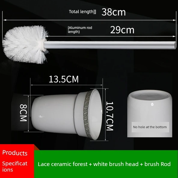 Yuvarlak Tuvalet Fırçası Yedek Başlığı - 29cm Alüminyum Çubuk + Beyaz Fırça + Seramik Bardak