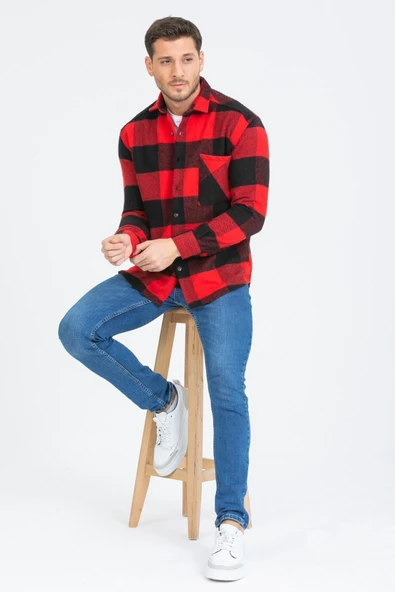 Mero Life Erkek Kırmızı-siyah Oversize Kareli Ekoseli Pamuklu Kalın Kumaş Oduncu Ceket Gömlek - 3