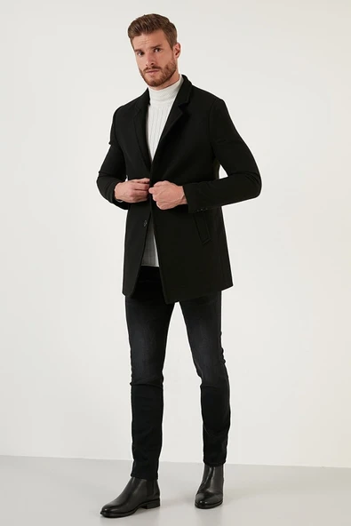Mero Life Erkek Siyah Slim Fit Dik Yaka Yün Karışımlı Kaşe Kaban - 3