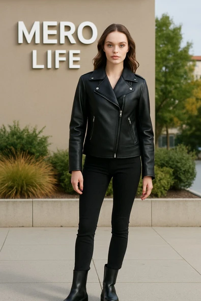 Mero Life Kadın Siyah İçi Kürklü Yeni Sezon Biker Cool & Casual Deri Ceket