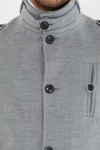 Mero Life Erkek Açık Gri Dar Kesim Dik Yaka Uzun Yün Karışımlı Kaşe Kaban - 3