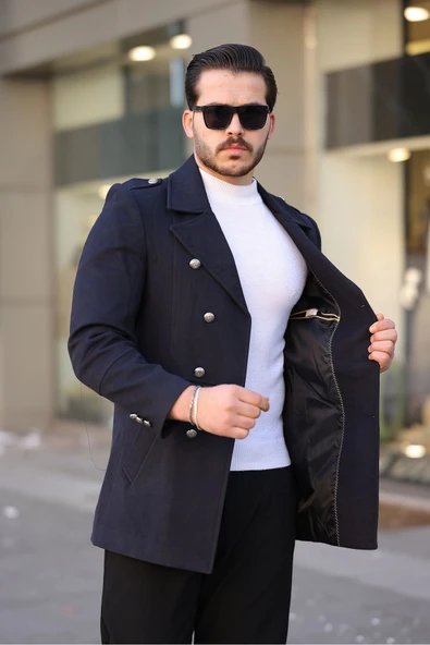 Mero Life Erkek Yeni Sezon Düğme Detaylı Dar Kesim Kruvaze Yaka Lacivert Kaşe Kaban - 2