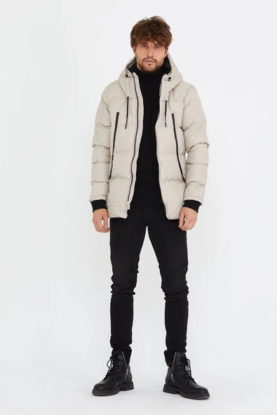 Mero Life Erkek Taş Dar Kesim Içi Kürklü Kapüşonlu Dik Yaka Uzun Şişme Mont & Kaban - 6