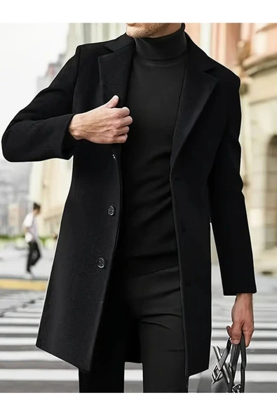 Mero Life Erkek Slim Fit Tek Yırtmaçlı Düğmeli Mono Yaka Siyah Kaşe Kaban