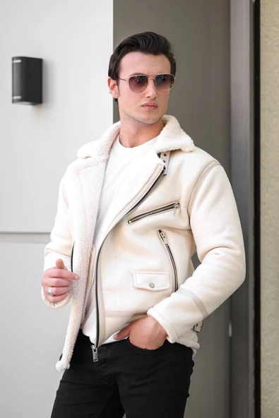 Mero Life Erkek Napa Deri Içi Full Kürklü Yüksek Kalite Slim Fit Beyaz Mont & Ceket