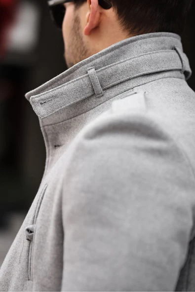 Mero Life Erkek Açık Gri Dar Kesim Dik Yaka Uzun Yün Karışımlı Kaşe Kaban - 6