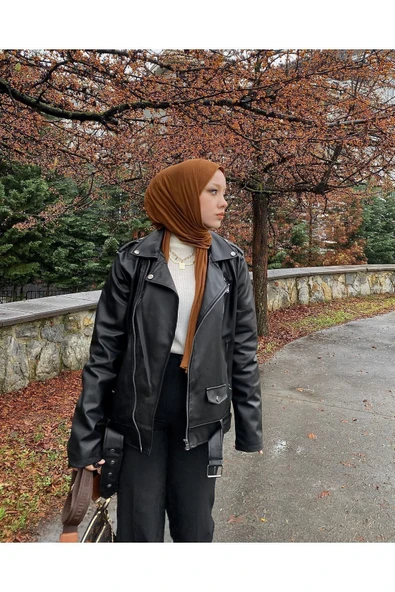 Mero Life Kadın Siyah Oversize Içi Kürklü Kemerli Biker Deri Ceket