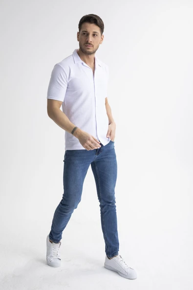 Mero Life Erkek Beyaz Slim Fit Yazlık Kısa Kol Apaş Yaka Pamuklu Kumaş Gömlek - 5