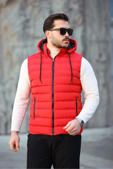 Mero Life Erkek Kırmızı Standart Fit Çıkarılır Kapüşonlu Cepli Fermuarlı Şişme Yelek